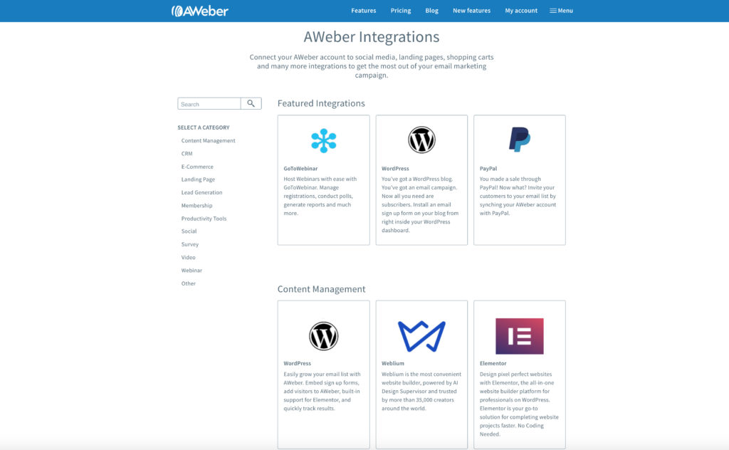AWeber integrations page