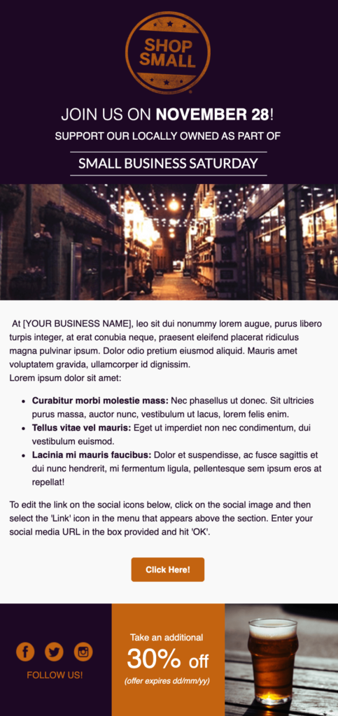 Small business Saturday email template showing feature image of local stores