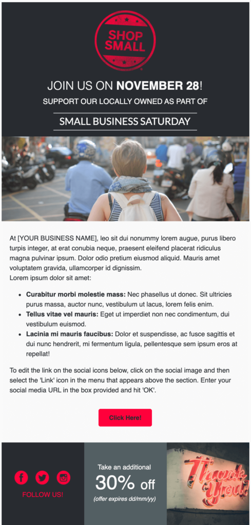 Small Business Saturday email marketing template with image of people shopping