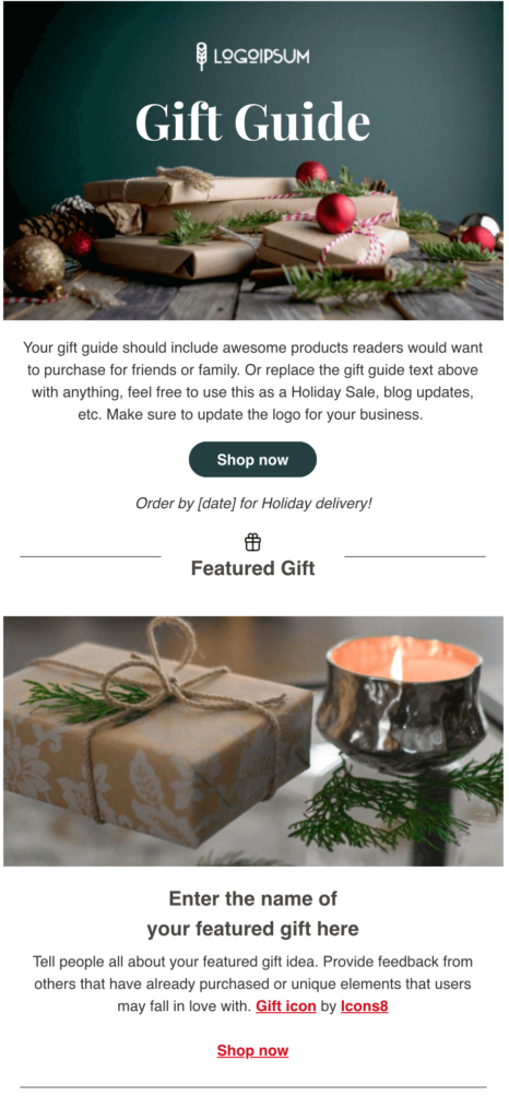 Holiday email template with images of gifts