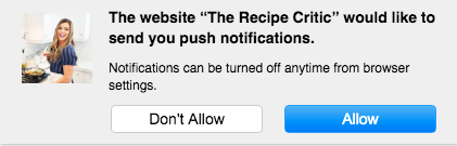 Web push notification opt-in example from "The Recipe Critic"