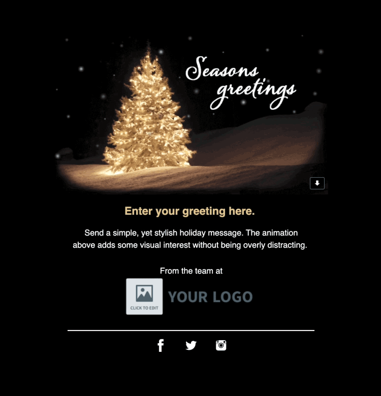 Templat email salam musim dengan GIF serpihan salju jatuh di sekitar pohon