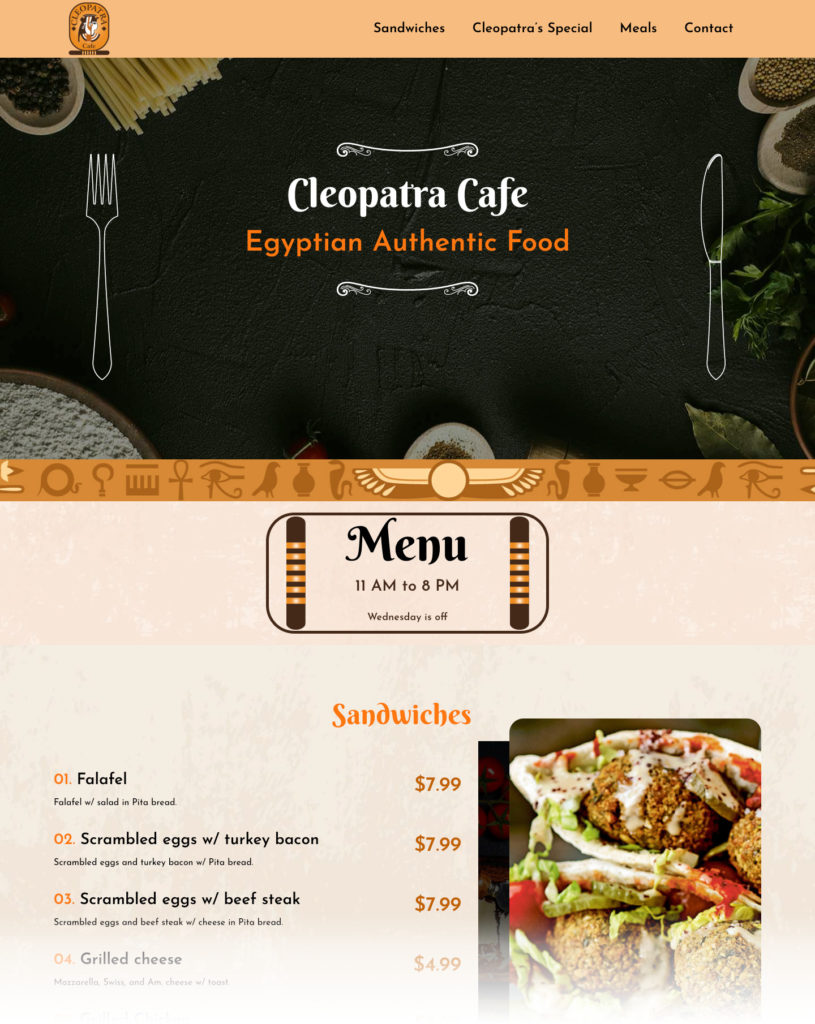 Example of a restaurant using a landing page for their menu