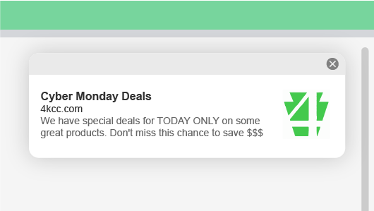 Web push notification promoting a cyber Monday deal
