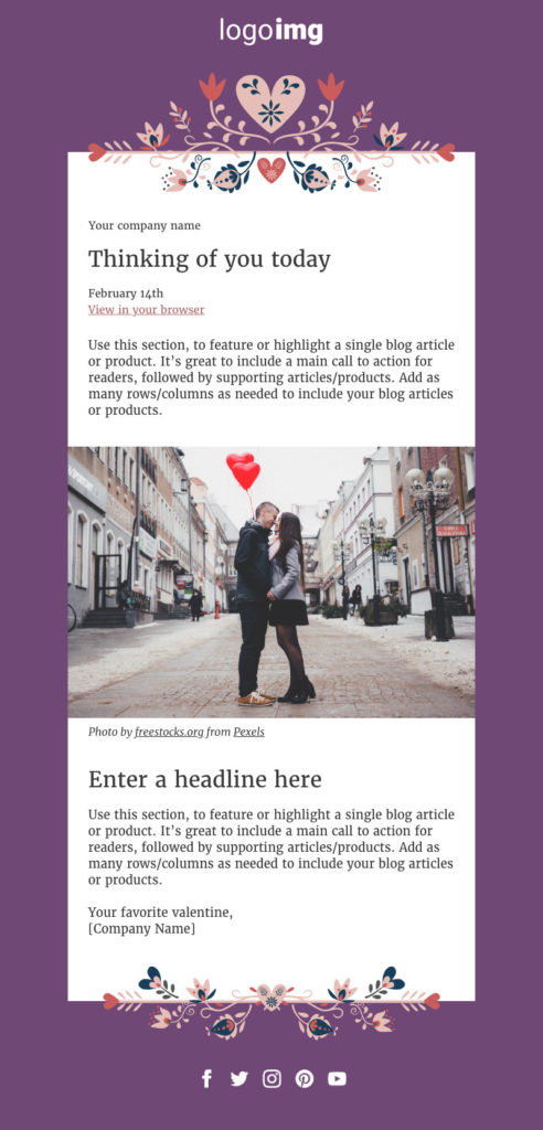Valentine's day newsletter template with a picture of a man and woman and two sections for copy
