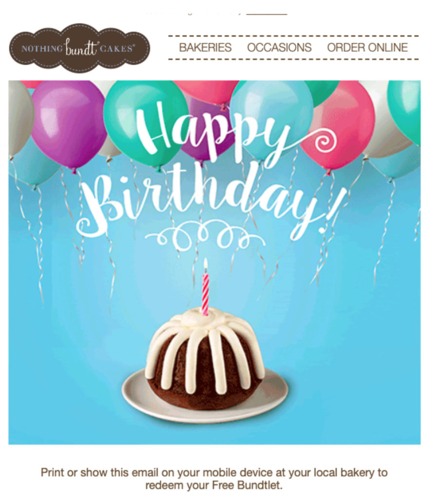 Birthday email from Nothing Bundt Cakes with an offer for a free bundt cake