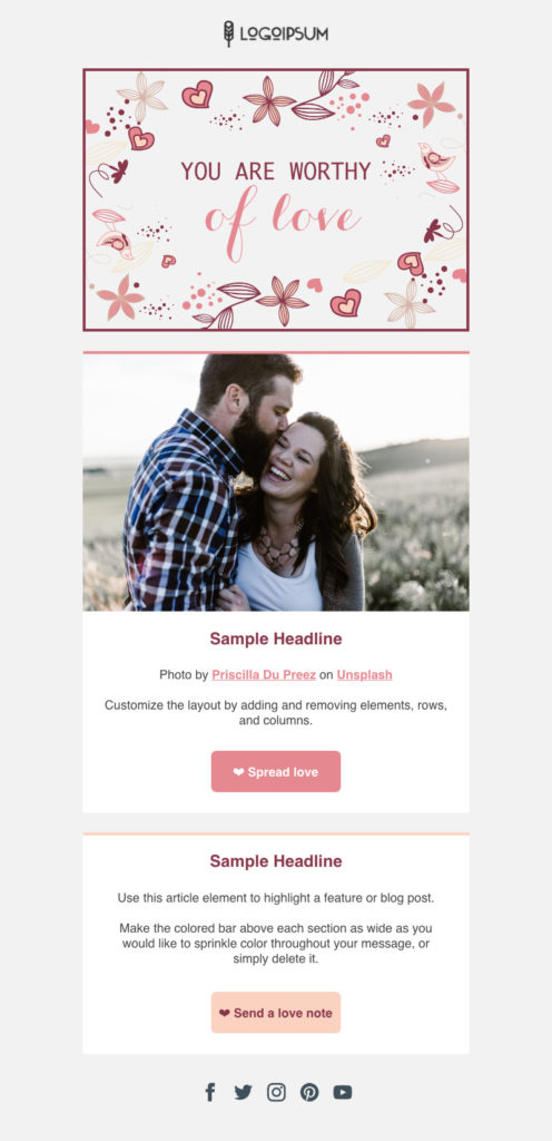 Valentine's day email template with a picture of a man and woman, a section for copy, and a CTA