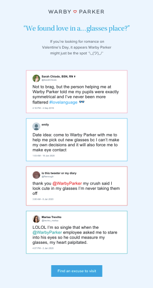 Courriel de la Saint-Valentin de Warby Parker avec des tweets amusants de clients