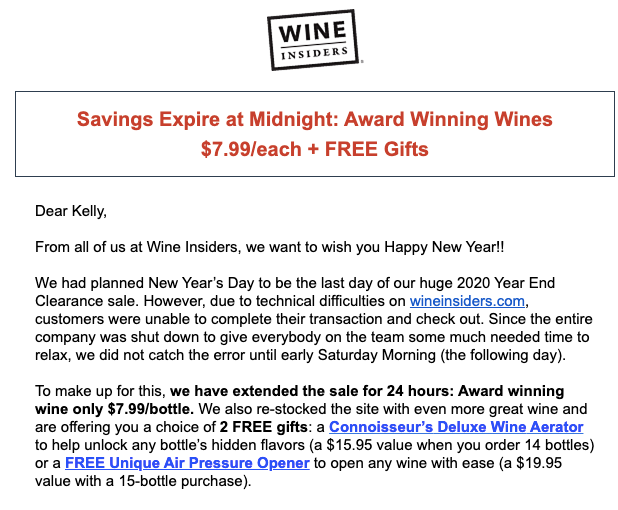 Wine Insiders apology email