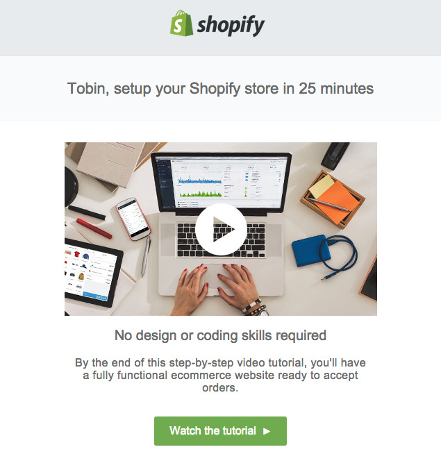 Shopify email example using a video