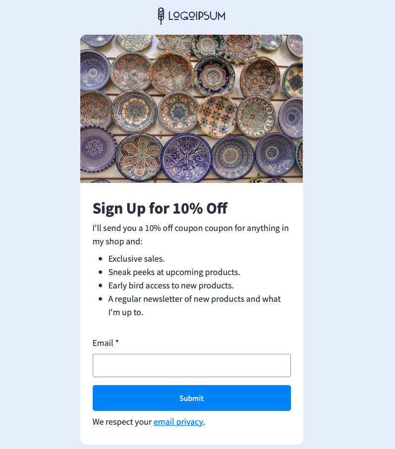 etsy newsletter signup landing page