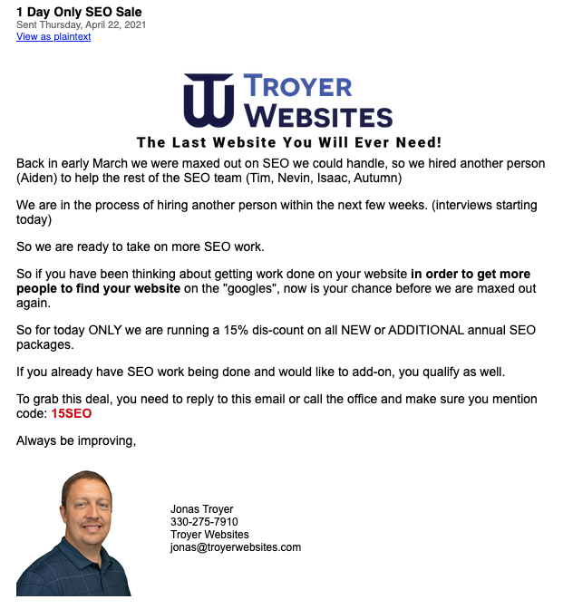 Create urgency through scarcity email from Troyer Websites