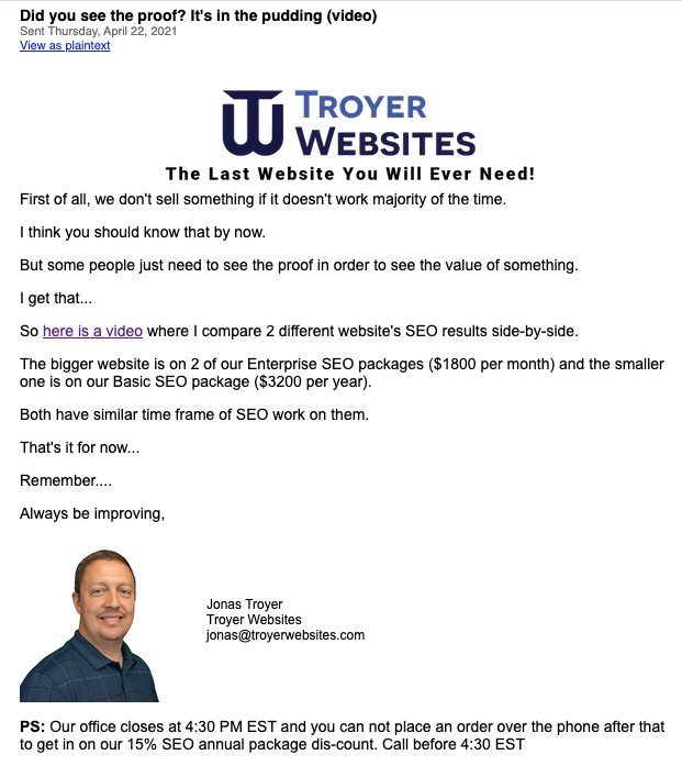 Email example from Troyer Websites using social proof