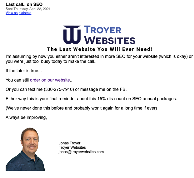 Last chance email from Troyer Websites