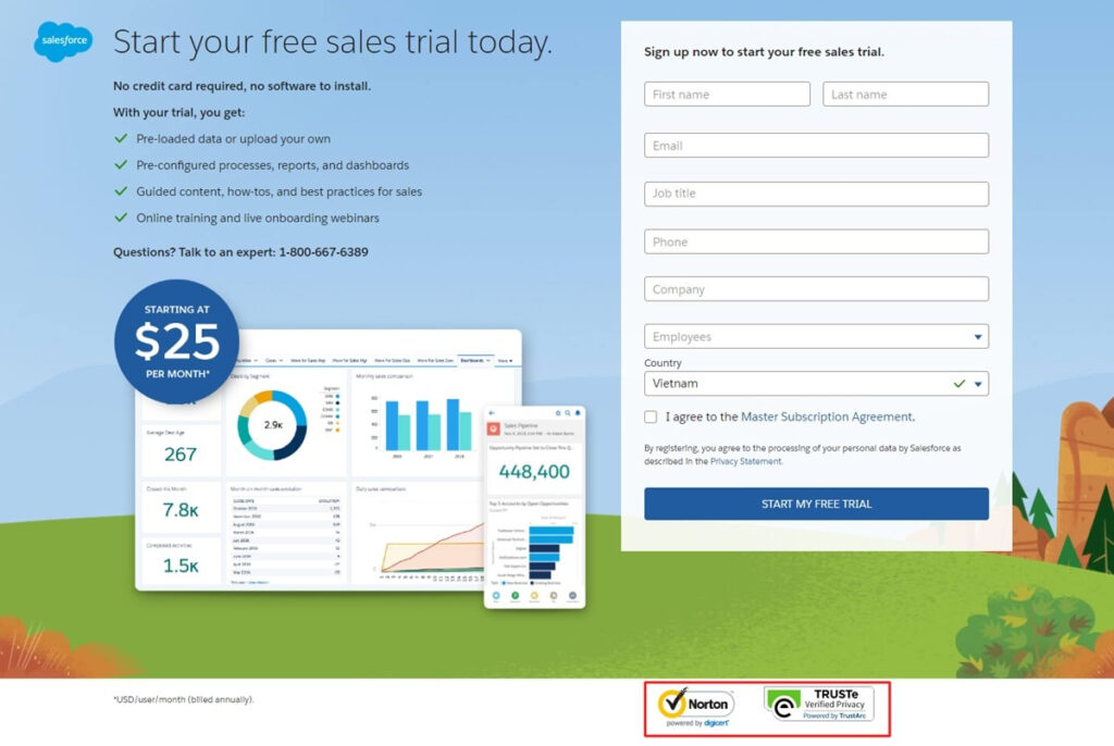Trust signals included in a landing page for SalesForce