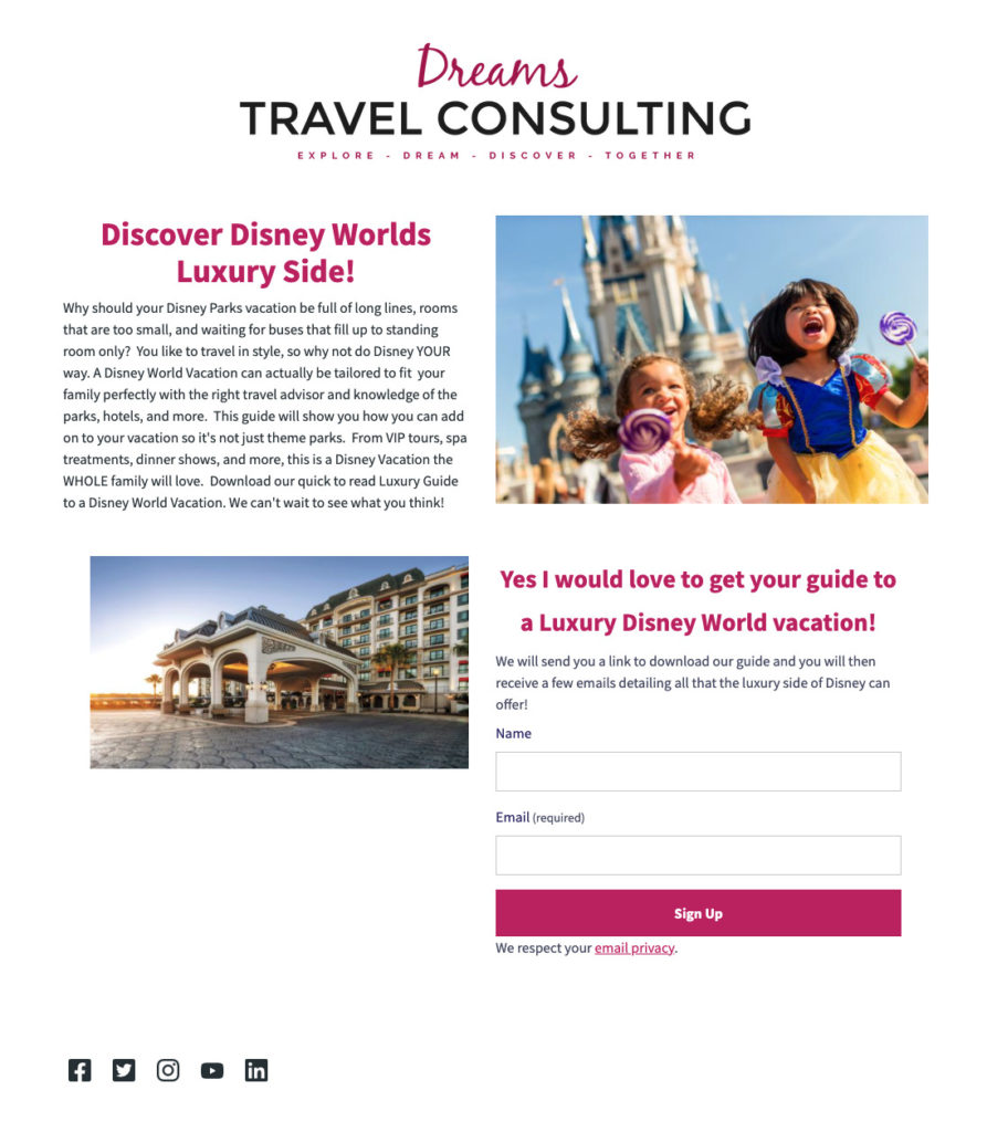 Landing page example for Dreams Travel Consulting