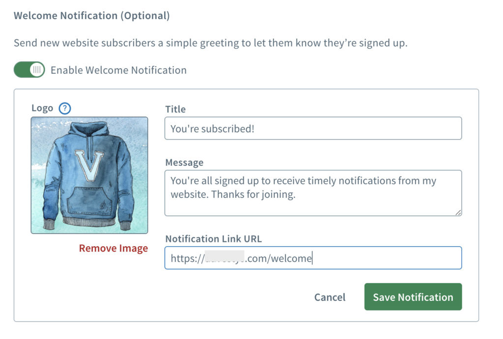 The setup screen for a welcome web push notification.