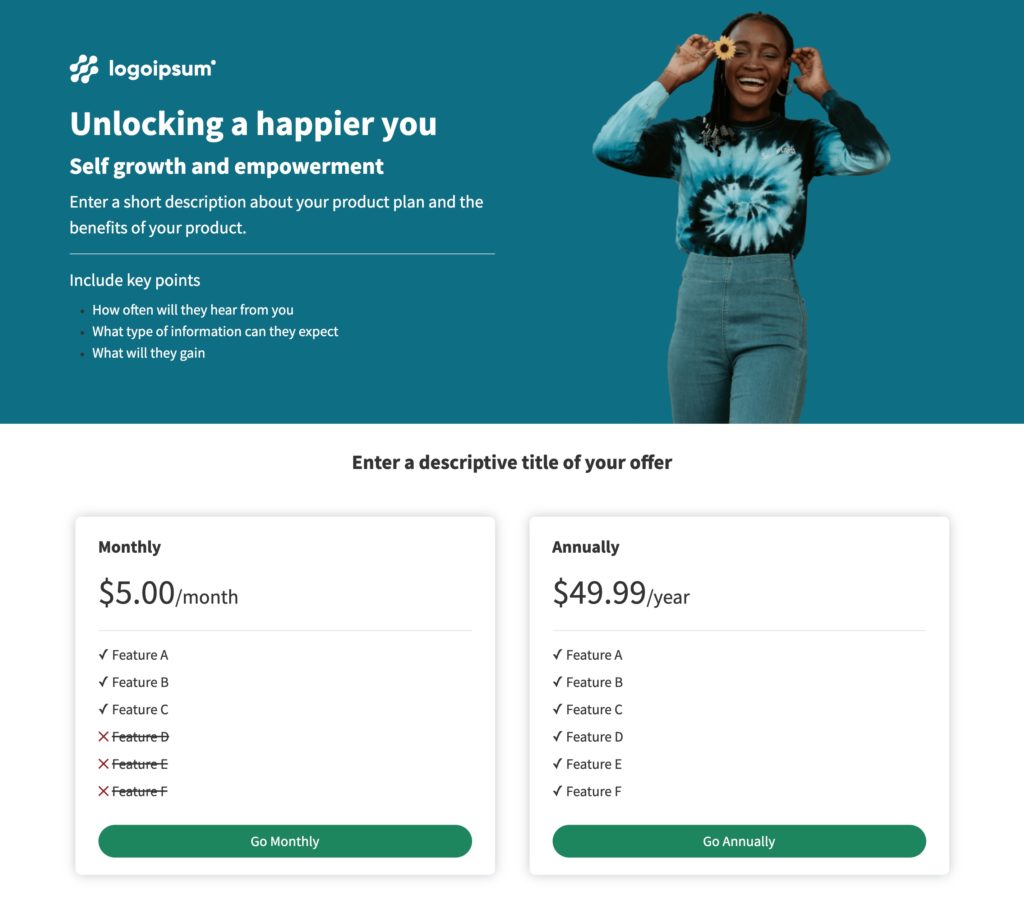 Example of a subscription landing page