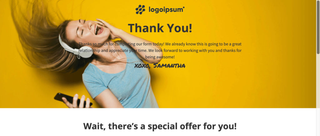 An example of a thank you landing page after making a purchase
