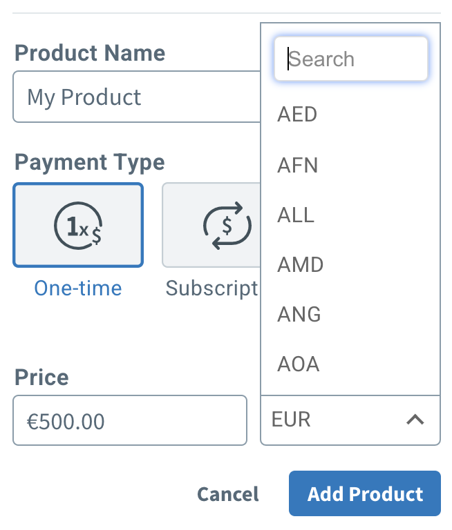 Currency alternates you can choose within the AWeber dashboard under Product Name.