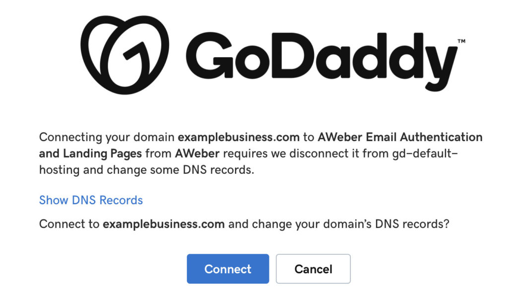 Connecting your domain examplebusiness.com to AWeber Email Authentication and Landing Pages from AWeber requires some DNS changes.