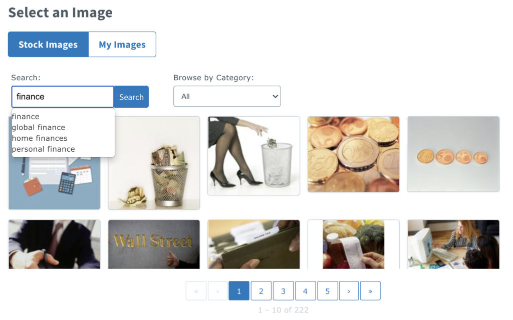 The image gallery inside AWeber, including a search field and 10 image results for finance.