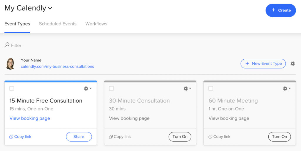 Calendly's dashboard showing 15, 30, and 60 minute meetings.