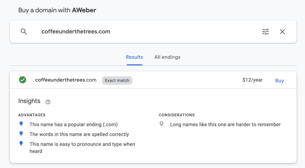 Buy a domain with AWeber and you'll get Google Domains search and insights.