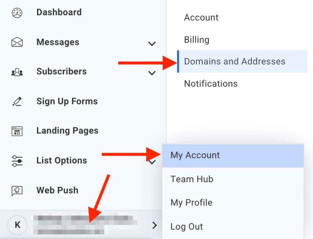 AWeber dashboard showing to click on avatar, then "My Account" then "Domains and Addresses."