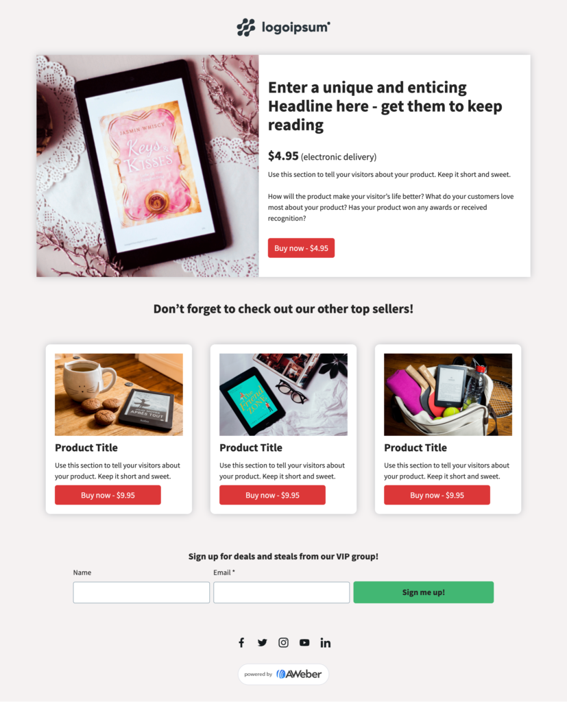 Ebook offer page template for an online store. Includes price, buy now button, and additional product offers.