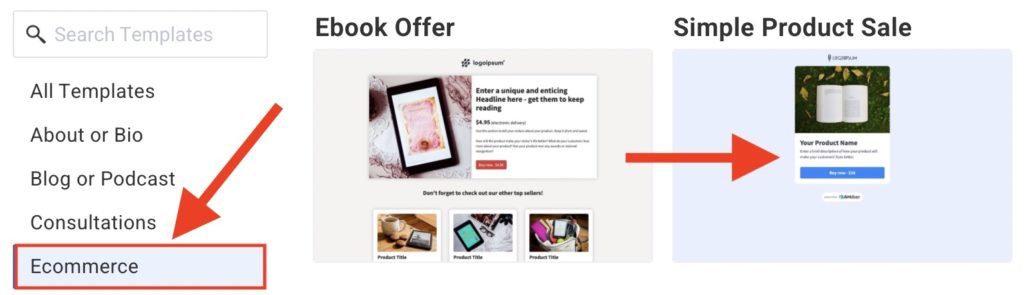 In the AWeber dashboard, online store templates for ecommerce including an ebook offer and a simple product sale.
