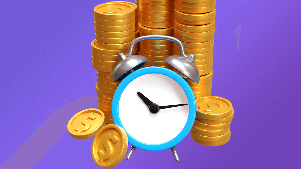 A clock and gold coins stacking up to represent the time and money you'll save with these email marketing tools.