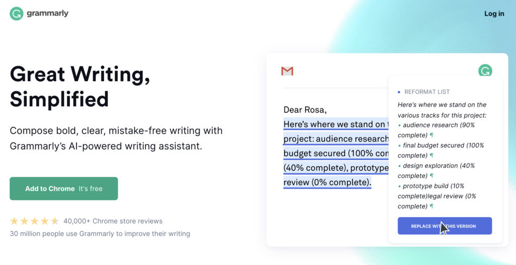 Grammarly's homepage, showing that you can add it to Chrome for free and some available reformatting.