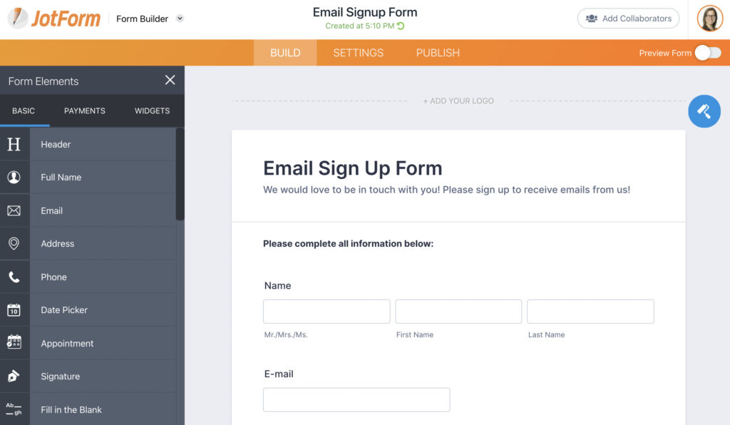 Jotform's dashboard.