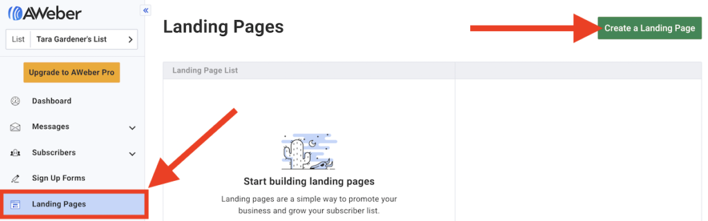 Screen shot showing where to create a landing page in AWeber's platform