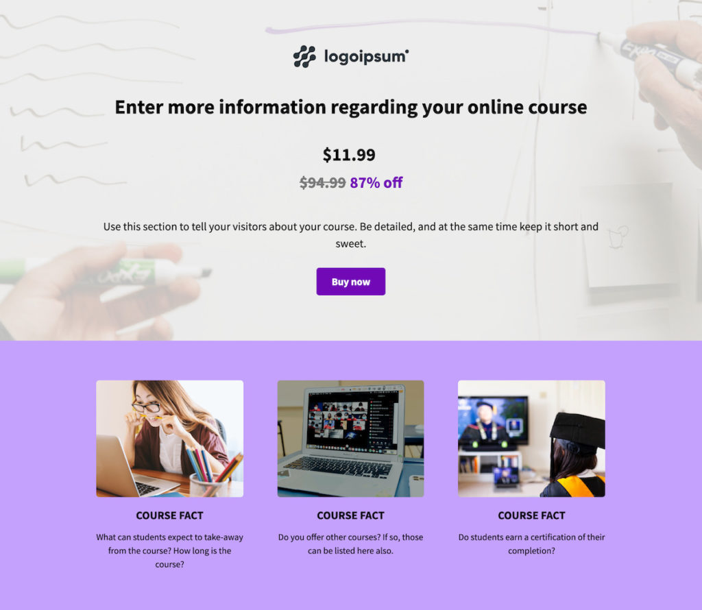 Online course page template for an online store. Includes prices, buy now button, and course facts with imagery.