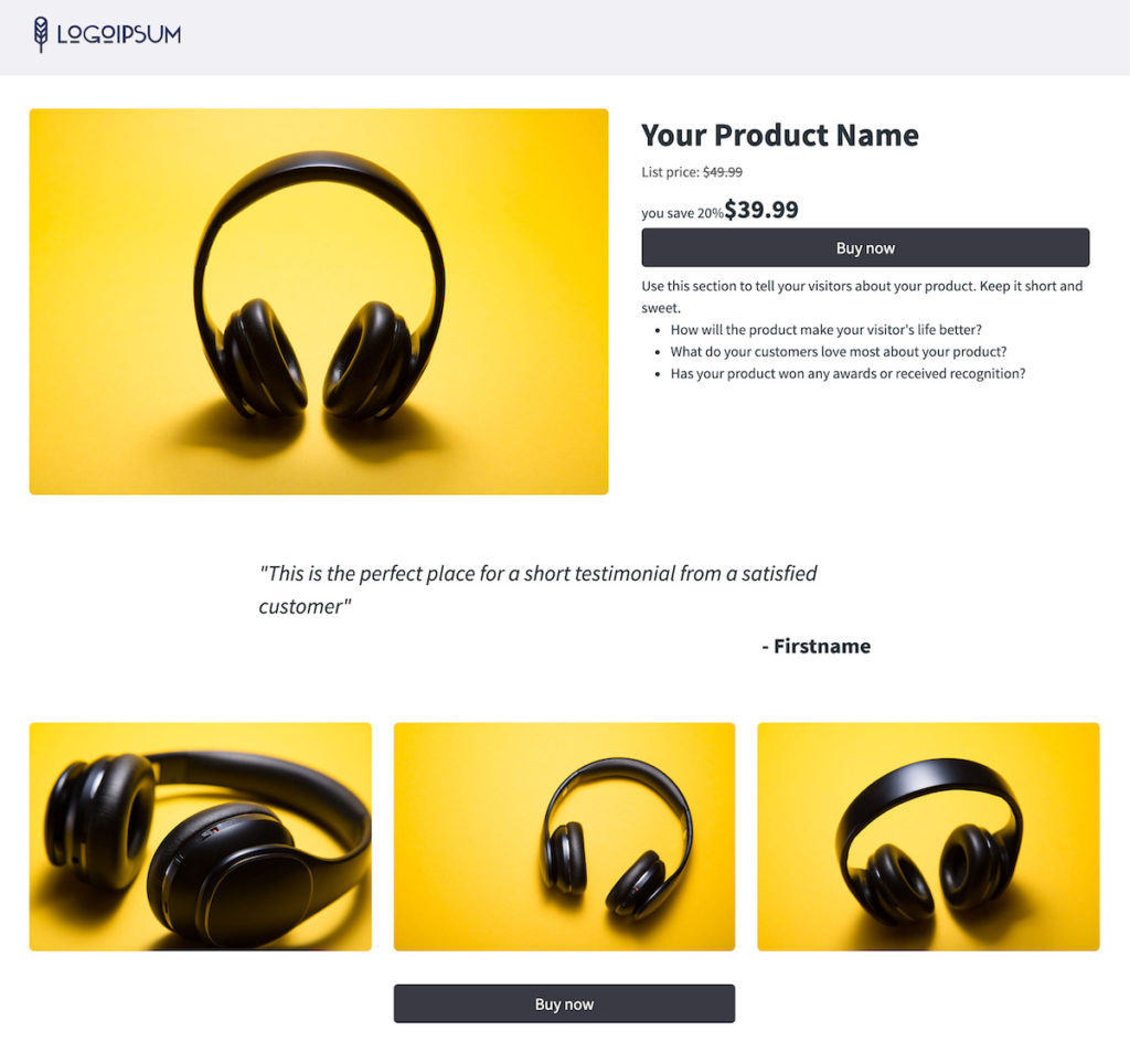Individual product sales page template for an online store. Includes price, buy now button, and additional product pictures.