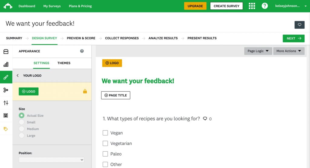 SurveyMonkey's dashboard showing the beginning of a form requesting feedback about recipes.