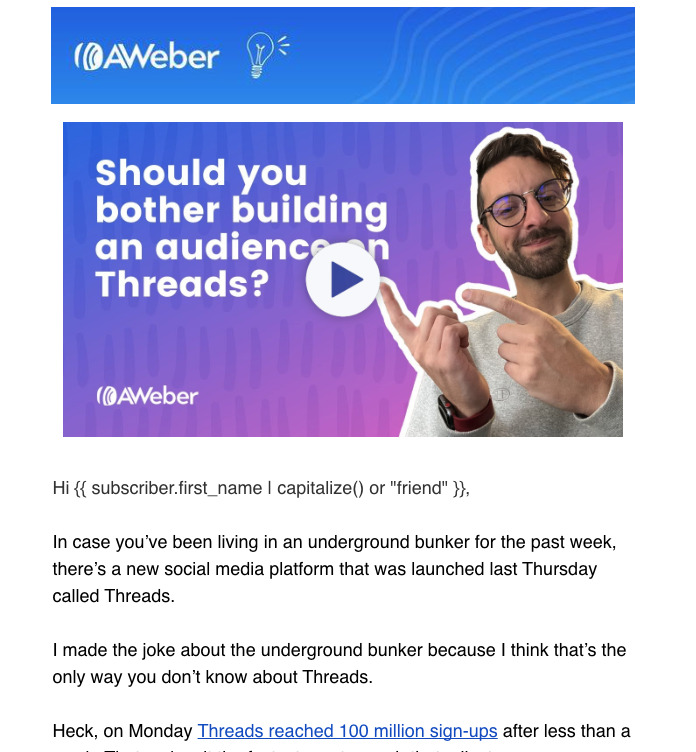 AWeber newsletter with video link
