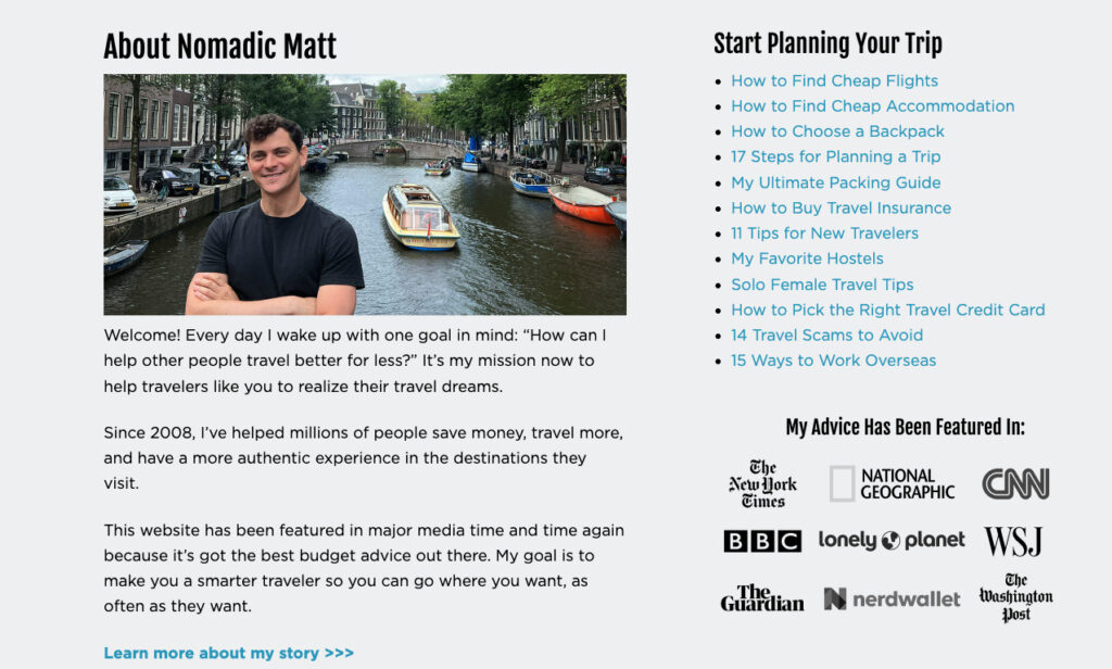 About Nomadic Matt landing page
