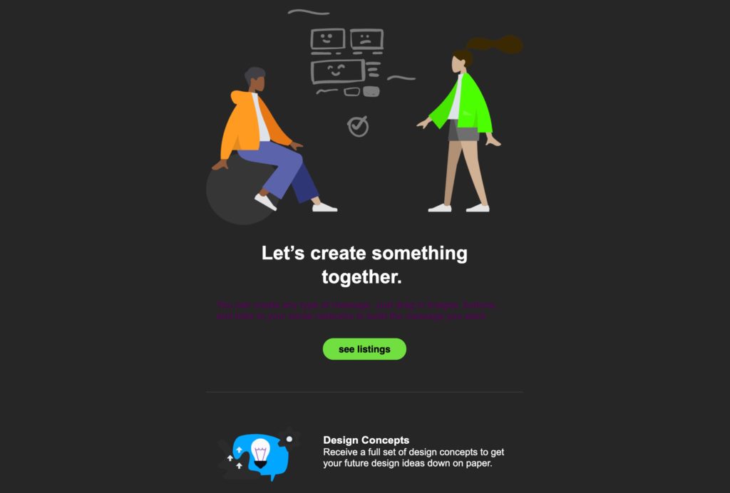 An email template with two cartoon people and text that says "Let's create something together."