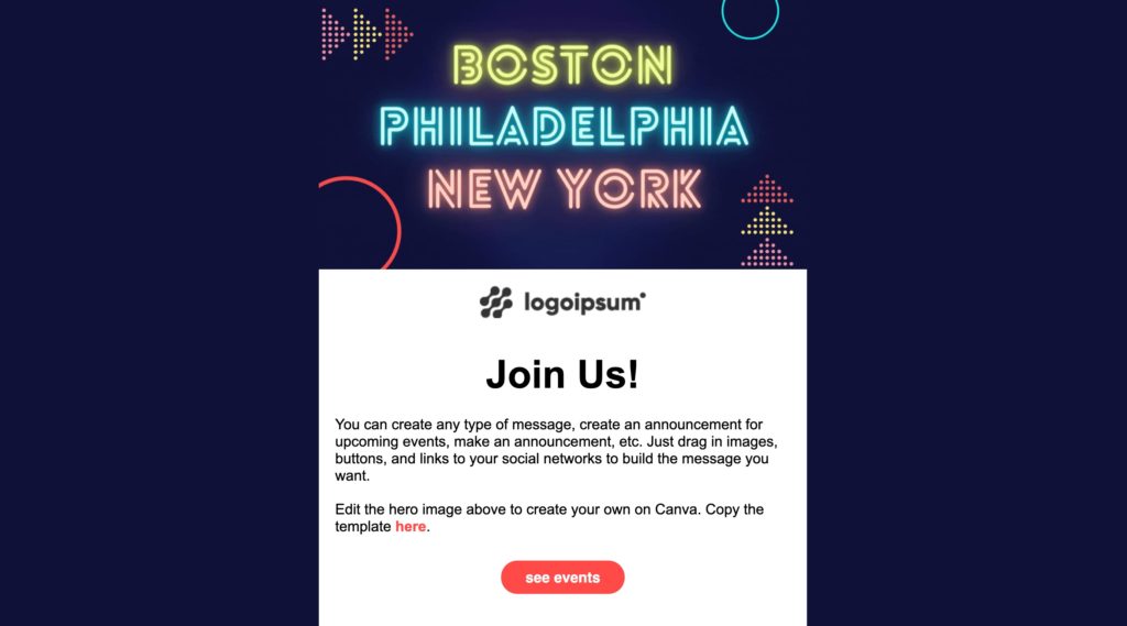 An email template with a bright neon-light like text that says "Boston Philadelphia New York."
