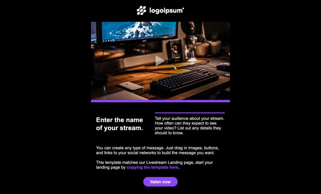 Dark background template with a computer screen and keyboard and text that says "Enter the name of your stream."