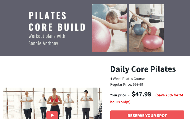 landing page example selling a pilates course