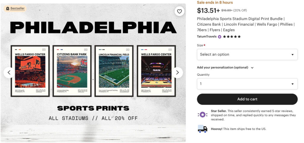A digital print bundle of the Philadelphia sports stadiums sold on Etsy