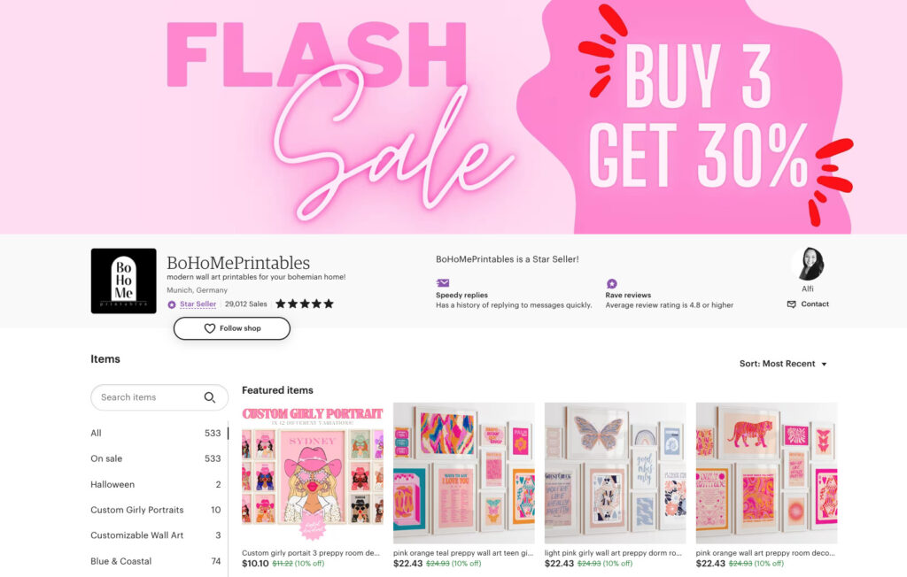 Example of an Etsy seller who is running a Flash Sale