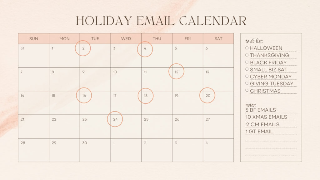 A holiday email calendar with multiple dates circled and a list of the holidays from Halloween to Christmas.