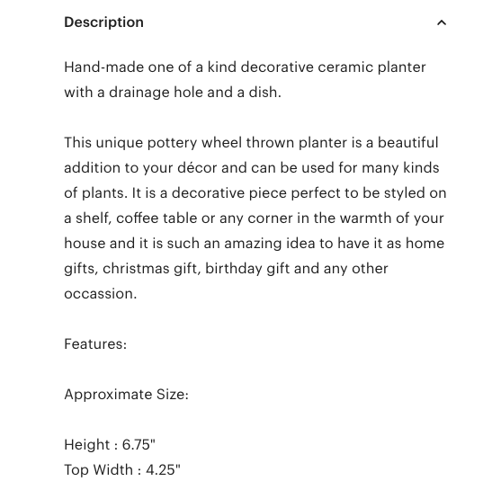 Product description for product sold on Etsy