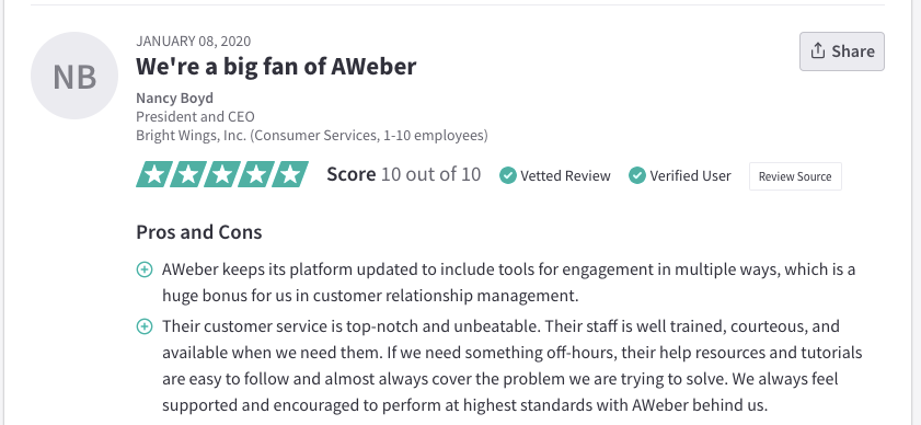 A Trustpilot review that says "We're a big fan of AWeber."