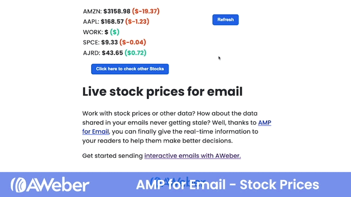AMP for Email example showing up to date stock market data